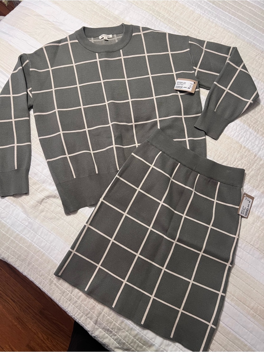 Tea N Rose Green and Cream Windowpane Knit Sweater & Skirt Set
